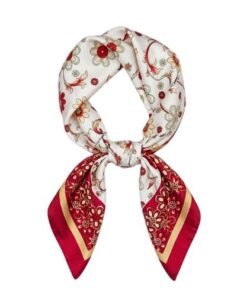 esarfa satin alba cu flori rosii, 50x50 cm