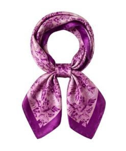 esarfa satin aurie cu flori mov 50x50 cm