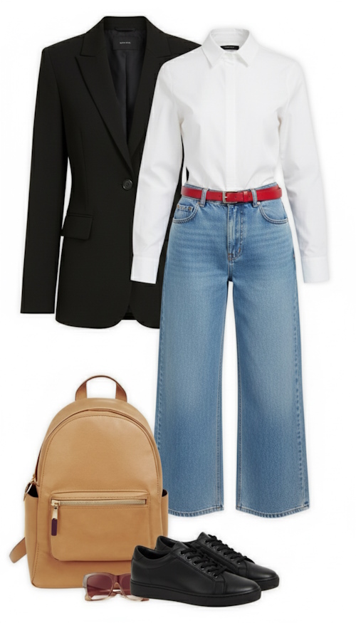 tinuta casual sacou negru blugi evazati pantofi sport